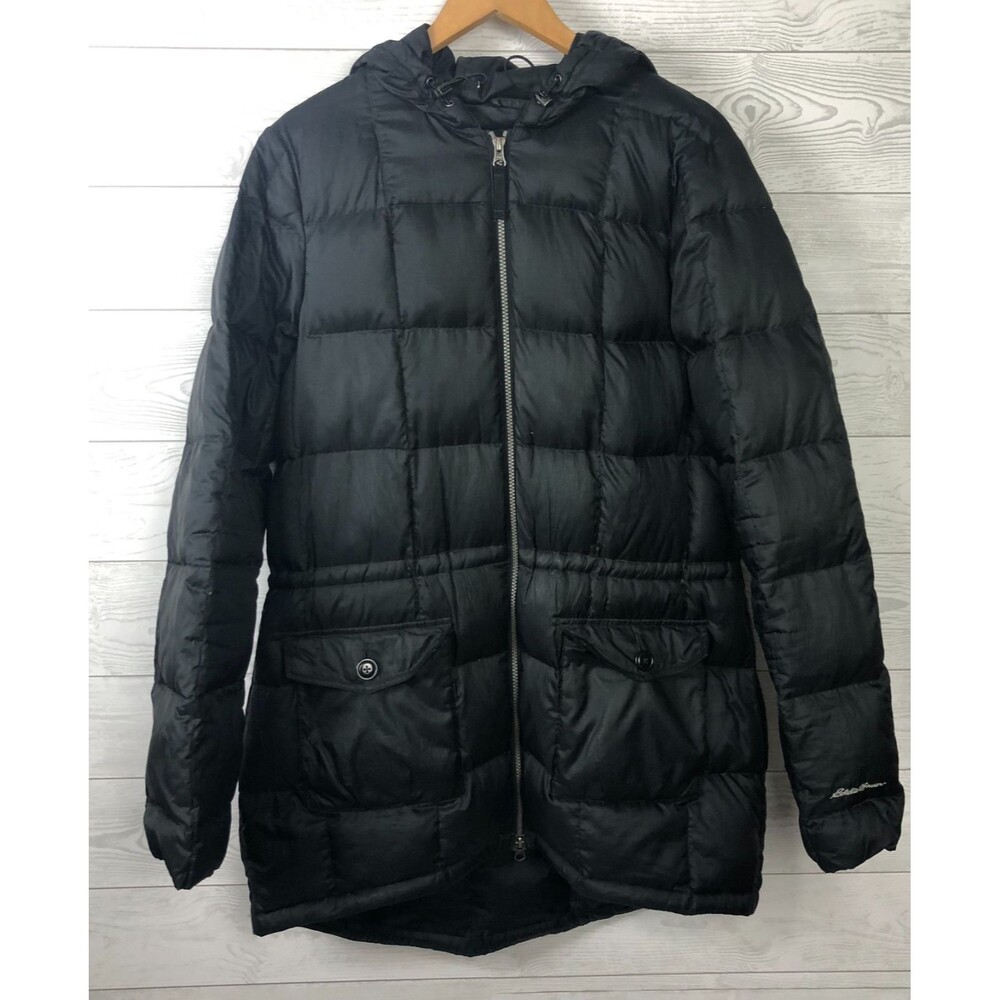 Eddie Bauer Womens XL TALL Down Insulated Puffer Jacket Hooded Coat Black Zip Up